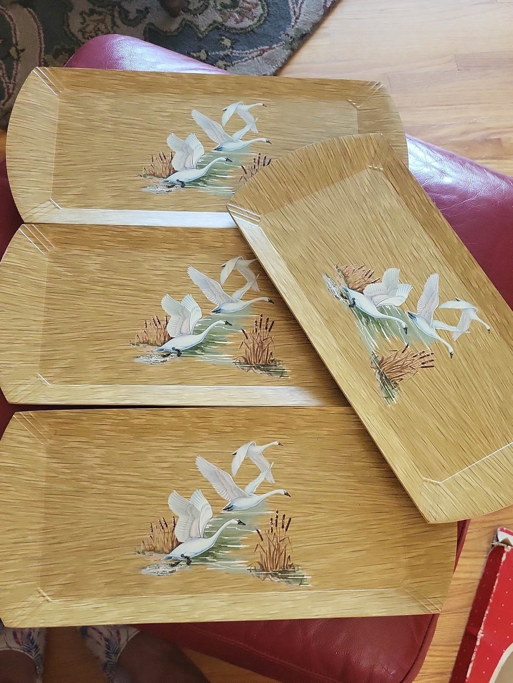 Set of 4  Hasko Trayware Serving Trays with Flying Swan Motif.  Wood Veneer